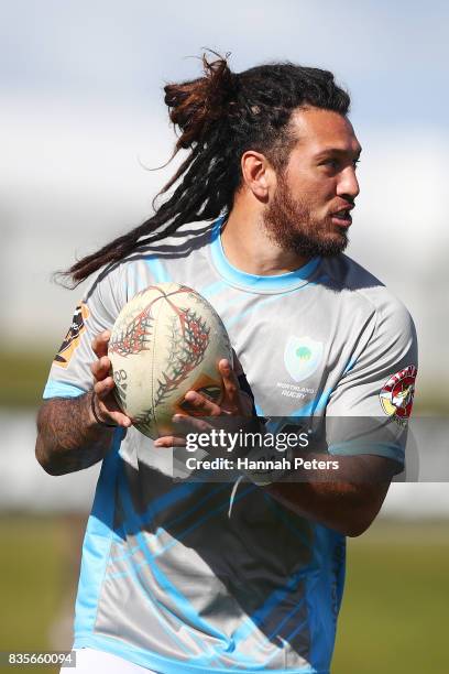 Rene Ranger of Northland warms up ahead of the round one Mite 10 Cup match between Northland and Bay of Plenty at Toll Stadium on August 20, 2017 in...