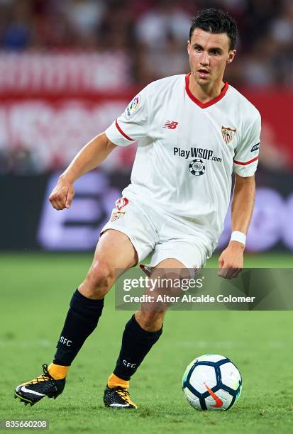 Sebastien Corchia of Sevilla FC in action during the La Liga match between Sevilla and Espanyol at Estadio Ramon Sanchez Pizjuan on August 19, 2017...