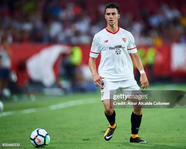 Sebastien Corchia of Sevilla FC in action during the La Liga match between Sevilla and Espanyol at Estadio Ramon Sanchez Pizjuan on August 19, 2017...