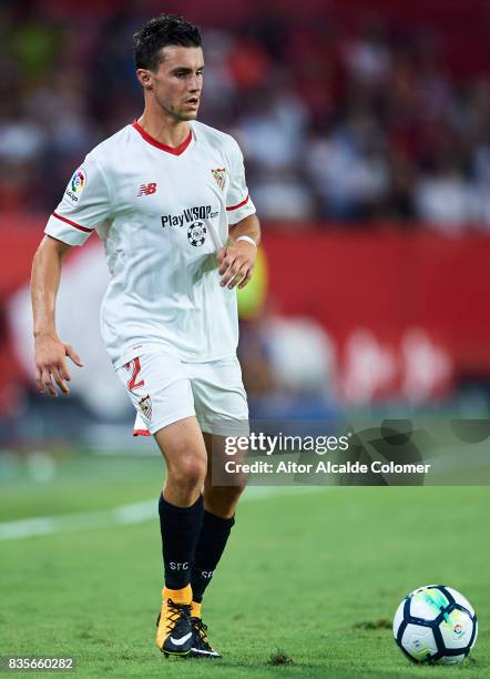 Sebastien Corchia of Sevilla FC in action during the La Liga match between Sevilla and Espanyol at Estadio Ramon Sanchez Pizjuan on August 19, 2017...