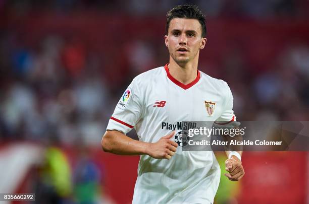 Sebastien Corchia of Sevilla FC looks on during the La Liga match between Sevilla and Espanyol at Estadio Ramon Sanchez Pizjuan on August 19, 2017 in...