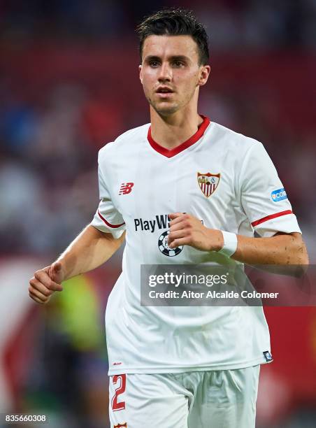 Sebastien Corchia of Sevilla FC looks on during the La Liga match between Sevilla and Espanyol at Estadio Ramon Sanchez Pizjuan on August 19, 2017 in...