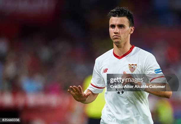 Sebastien Corchia of Sevilla FC looks on during the La Liga match between Sevilla and Espanyol at Estadio Ramon Sanchez Pizjuan on August 19, 2017 in...