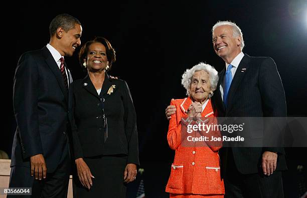 President elect Barack Obama stands on stage with his mother-in-law Marian Robinson , Vice-President elect Joe Biden and Boden's mother Jean during...