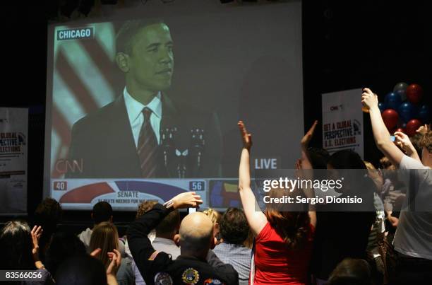 Some 700 American students celebrate the victory of US President-elect Barack Obama at the Election Day Spectacular at the Manning Bar at The...