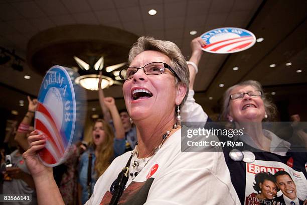 Supporters cheer after the announcement of Barack Obama as the new U.S. President, during the DFL gathering on November 4, 2008 at the Crowne Plaza...