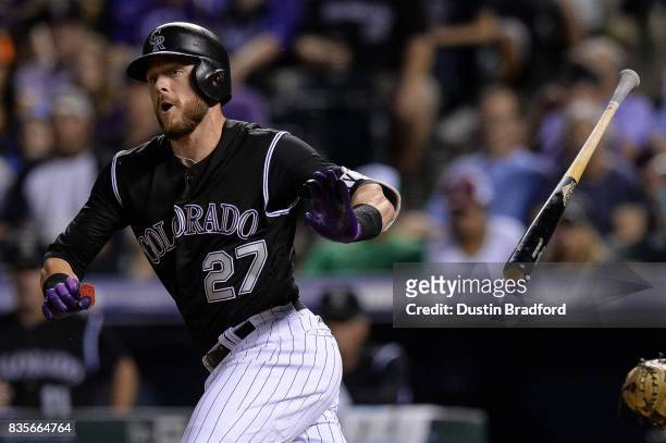 Trevor Story of the Colorado Rockies hits a leadoff double in the seventh inning of a game at Coors Field on August 19, 2017 in Denver, Colorado.