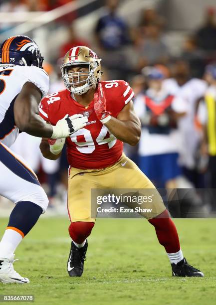 Solomon Thomas of the San Francisco 49ers rushes the quarterback against the Denver Broncos at Levi's Stadium on August 19, 2017 in Santa Clara,...