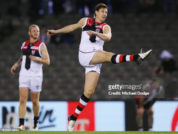 Former Saints player Justin Koschitzke plays in the Legends Match as a curtain raiser during the round 22 AFL match between the St Kilda Saints and...