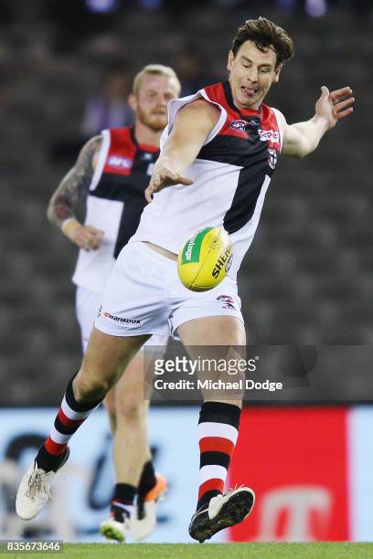 Former Saints player Justin Koschitzke plays in the Legends Match as a curtain raiser during the round 22 AFL match between the St Kilda Saints and...