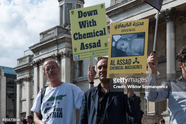 Group of protesters stage a demonstration in Trafalgar Square in London on the 4th anniversary of the Ghouta chemical attacks, which occured on 21...