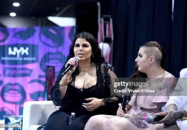 Ourfa Zinali and Jordan Hanz at the 2017 NYX Professional Makeup FACE Awards Expo at The Shrine Auditorium on August 19, 2017 in Los Angeles,...