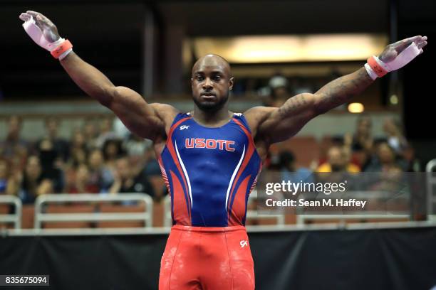 Donnell Whittenburg reacts after competing on the Rings during the P&G Gymnastic Championships at Honda Center on August 19, 2017 in Anaheim,...