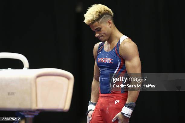 Donothan Bailey reacts after falling off the Pommel Horse during the P&G Gymnastic Championships at Honda Center on August 19, 2017 in Anaheim,...