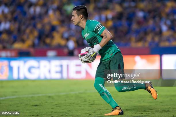 Alfredo Saldivar, goalkeeper of Pumas, holds the ball during the 5th round match between Tigres and Pumas as part of the Torneo Apertura 2017 Liga MX...