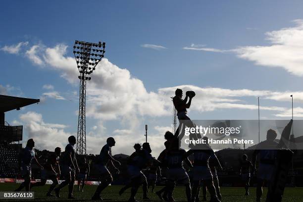 Troy Callander of Bay of Plenty wins lineout ball during the round one Mite 10 Cup match between Northland and Bay of Plenty at Toll Stadium on...