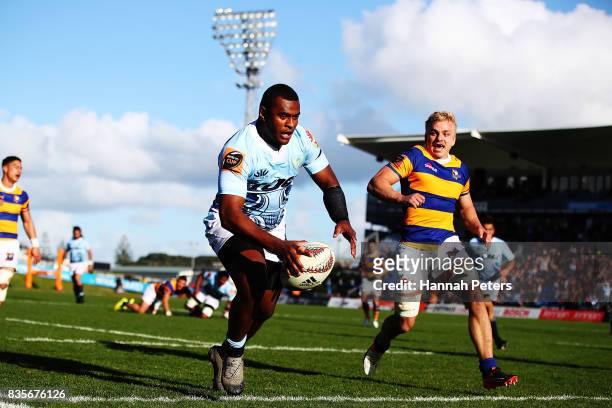 Jone Macilai of Northland runs in to score a try during the round one Mite 10 Cup match between Northland and Bay of Plenty at Toll Stadium on August...
