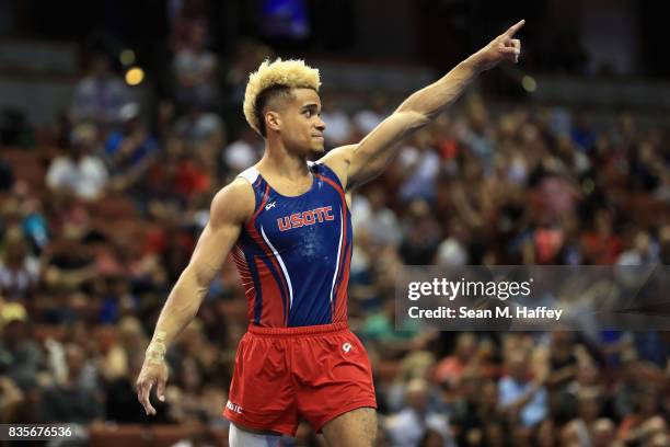 Donothan Bailey reacts after competing in the Floor Exercise during the P&G Gymnastic Championships at Honda Center on August 19, 2017 in Anaheim,...