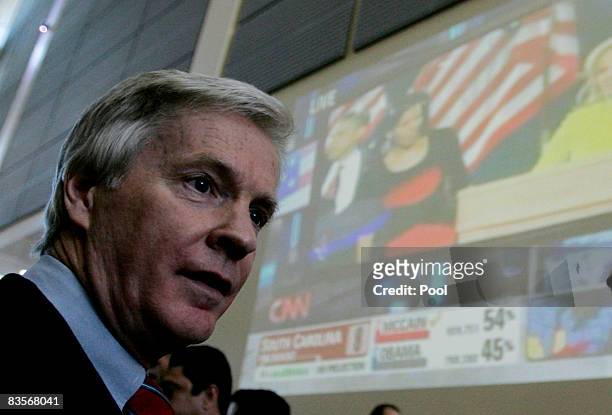 Ambassador to Iraq, Ryan Crocker speaks during a celebration of the US presidential elections, at the new US Embassy on November 5, 2008 in Baghdad,...