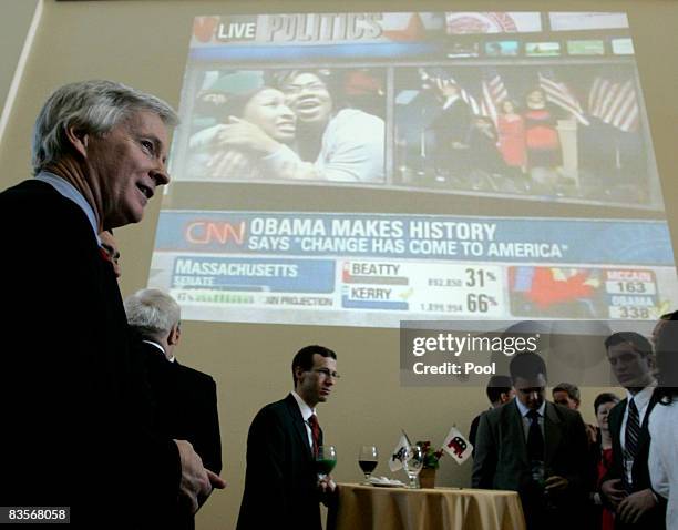 Ambassador to Iraq, Ryan Crocker speaks during a celebration of the US presidential elections, at the new US Embassy on November 5, 2008 in Baghdad,...