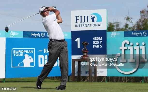David Mckenzie of New Zealand hits his tee shot on the 1st hole during day four of the 2017 Fiji International at Natadola Bay Championship Golf...