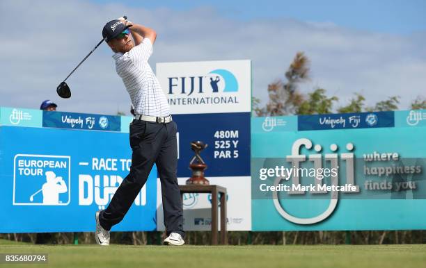 Scott Vincent of Zimbabwe plays hits his tee shot on the 1st hole during day four of the 2017 Fiji International at Natadola Bay Championship Golf...