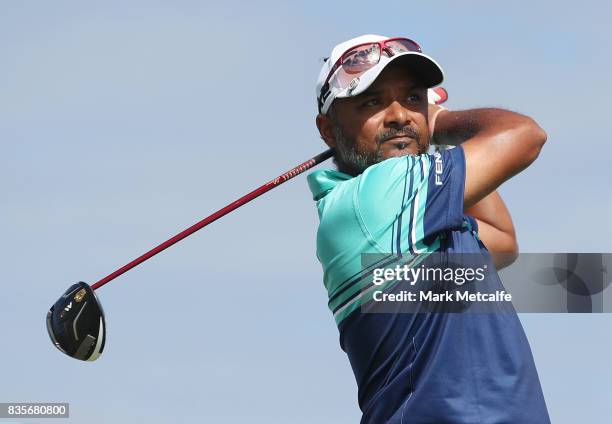 Rahil Gangjee of India hits his tee shot on the 1st hole during day four of the 2017 Fiji International at Natadola Bay Championship Golf Course on...