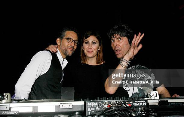 Actor Beppe Fiorello, Eleonora Pratelli and DJ Claudio Coccoluto attend the "Galantuomini" party at Officine Farneto during the 3rd Rome...