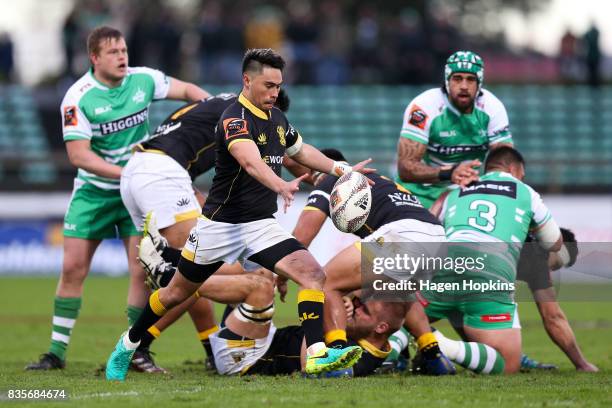 Sheridan Rangihuna of Wellington kicks during the round one Mitre 10 Cup match between Manawatu and Wellington at Central Energy Trust Arena on...
