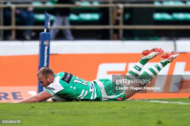 Curtis Reid of Manawatu scores a try during the round one Mitre 10 Cup match between Manawatu and Wellington at Central Energy Trust Arena on August...