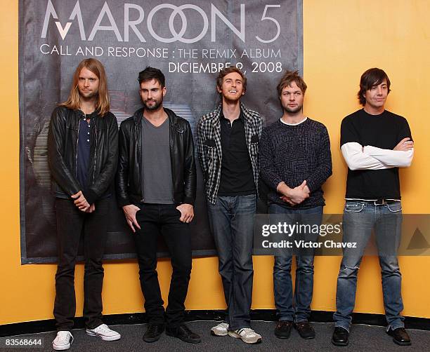Maroon 5 band members Musician James Valentine, Lead vocalist Adam Levine, Jesse Carmichael, Michael Madden and Matt Flynn attends a press conference...