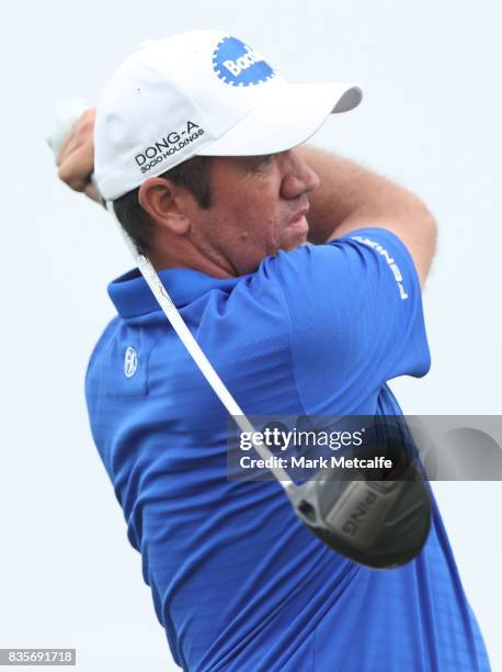 Scott Hend of Australia hits his tee shot on the 18th hole during day four of the 2017 Fiji International at Natadola Bay Championship Golf Course on...