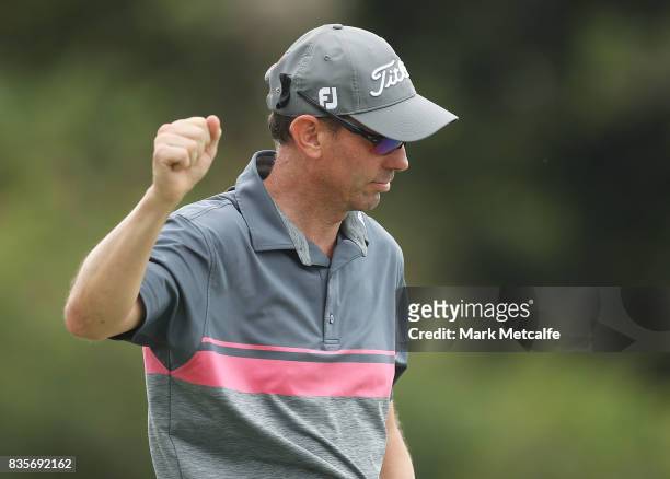 Jason Norris of Australia celebrates holing a birdie putt on the 13th hole during day four of the 2017 Fiji International at Natadola Bay...