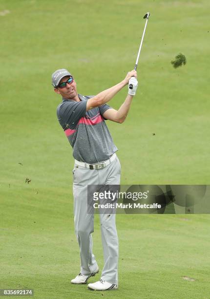 Jason Norris of Australia hits an approach shot on the 14th hole during the 2017 Fiji International at Natadola Bay Championship Golf Course on...