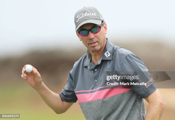 Jason Norris of Australia acknowledges the crowd during day four of the 2017 Fiji International at Natadola Bay Championship Golf Course on August...