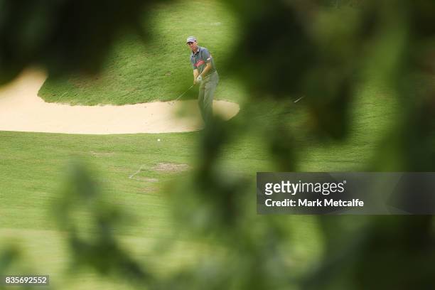 Jason Norris of Australia plays a bunker shot on the 12th hole during day four of the 2017 Fiji International at Natadola Bay Championship Golf...