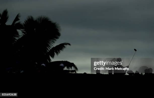 Jason Norris of Australia hits his tee shot on the 11th hole during the 2017 Fiji International at Natadola Bay Championship Golf Course on August...