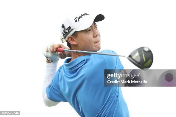 Jazz Janewattananond of Thailand hits his tee shot on the 18th hole during day four of the 2017 Fiji International at Natadola Bay Championship Golf...