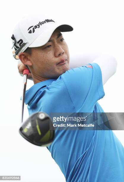 Jazz Janewattananond of Thailand hits his tee shot on the 18th hole during day four of the 2017 Fiji International at Natadola Bay Championship Golf...
