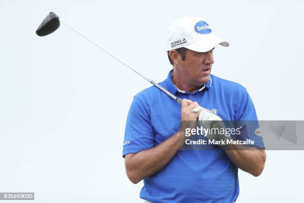 Scott Hend of Australia reacts after a tee shot during day four of the 2017 Fiji International at Natadola Bay Championship Golf Course on August 20,...