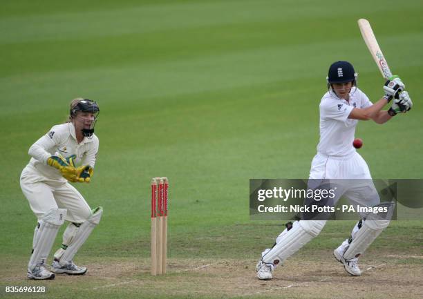 England captain Charlotte Edwards cuts away from the watching Australia wicketkeeper and captain Jodie Fields during day Five of the women's npower...