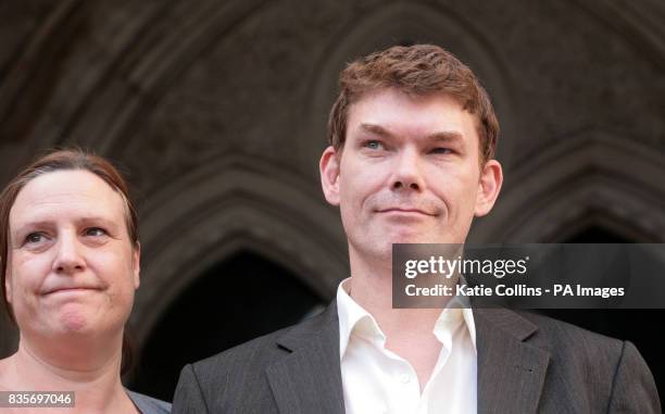 Gary McKinnon outside the High Court in London with girlfriend Lucy Clark.