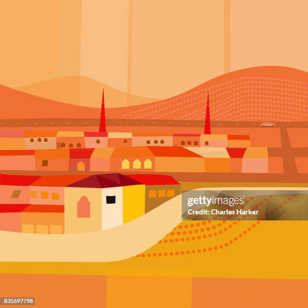 small town by quiet highway in desert illustration - charles harker stockfoto's en -beelden