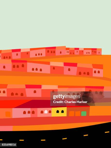 small houses by empty highway in desert illustration - charles harker ストックフォトと画像