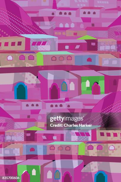 purple and green row house illustration - charles harker ストックフォトと画像