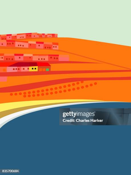 small houses by ocean bay in desert illustration - charles harker stockfoto's en -beelden