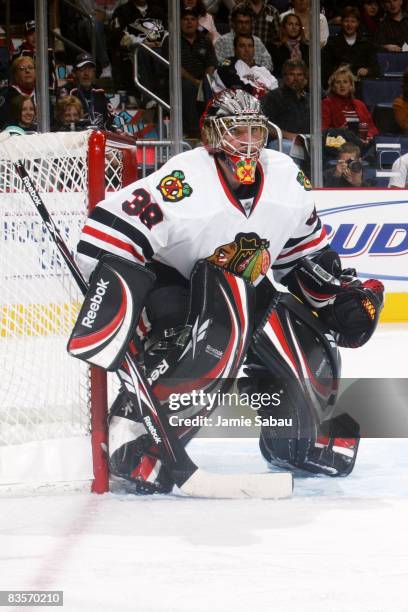 Goaltender Cristobal Huet of the Chicago Blackhawks guards the net against the Columbus Blue Jackets on November 1, 2008 at Nationwide Arena in...