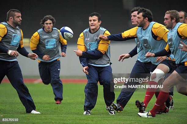 France's Rugby Union national team prop Lionel Faure, fullback Alexis Palisson, centre Damien Traille, N°8 Louis Picamoles, lock Lionel Nallet and...