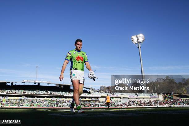 Jarrod Croker of the Raiders looks dejected as he leaves the field at fulltime during the round 24 NRL match between the Canberra Raiders and the...