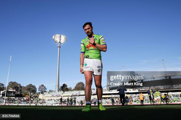 Jordan Rapana of the Raiders looks dejected as he leaves the field at fulltime during the round 24 NRL match between the Canberra Raiders and the...